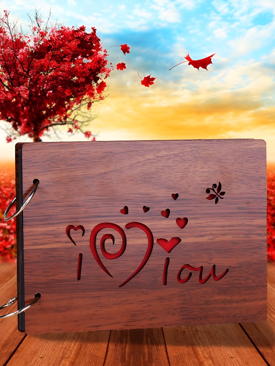 

WALLWEAR Brown & Red Printed Wooden Durable Scrapbook Photo Album