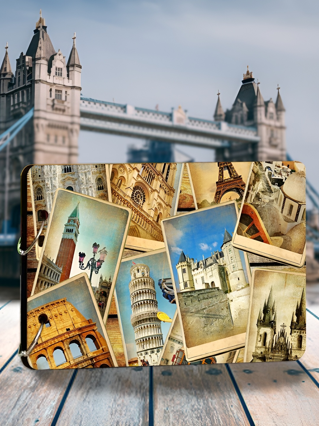 WALLWEAR Brown & Blue Printed Wooden Durable Scrapbook Photo Album