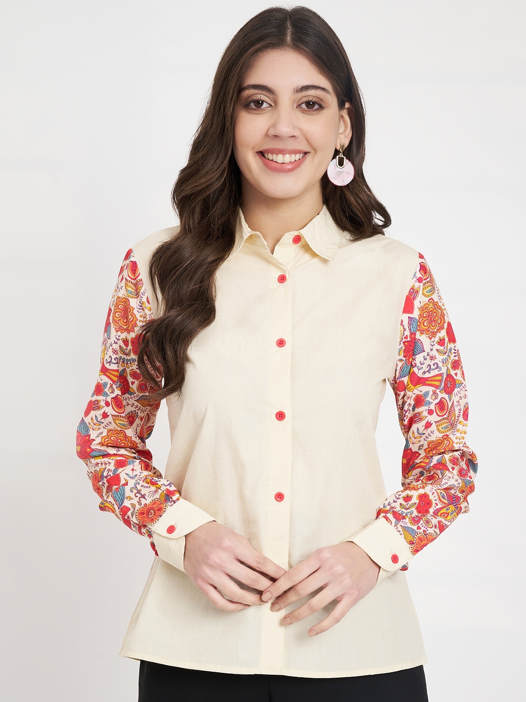 CHARMGAL Classic Slim Fit Floral Printed Casual Shirt, Cream