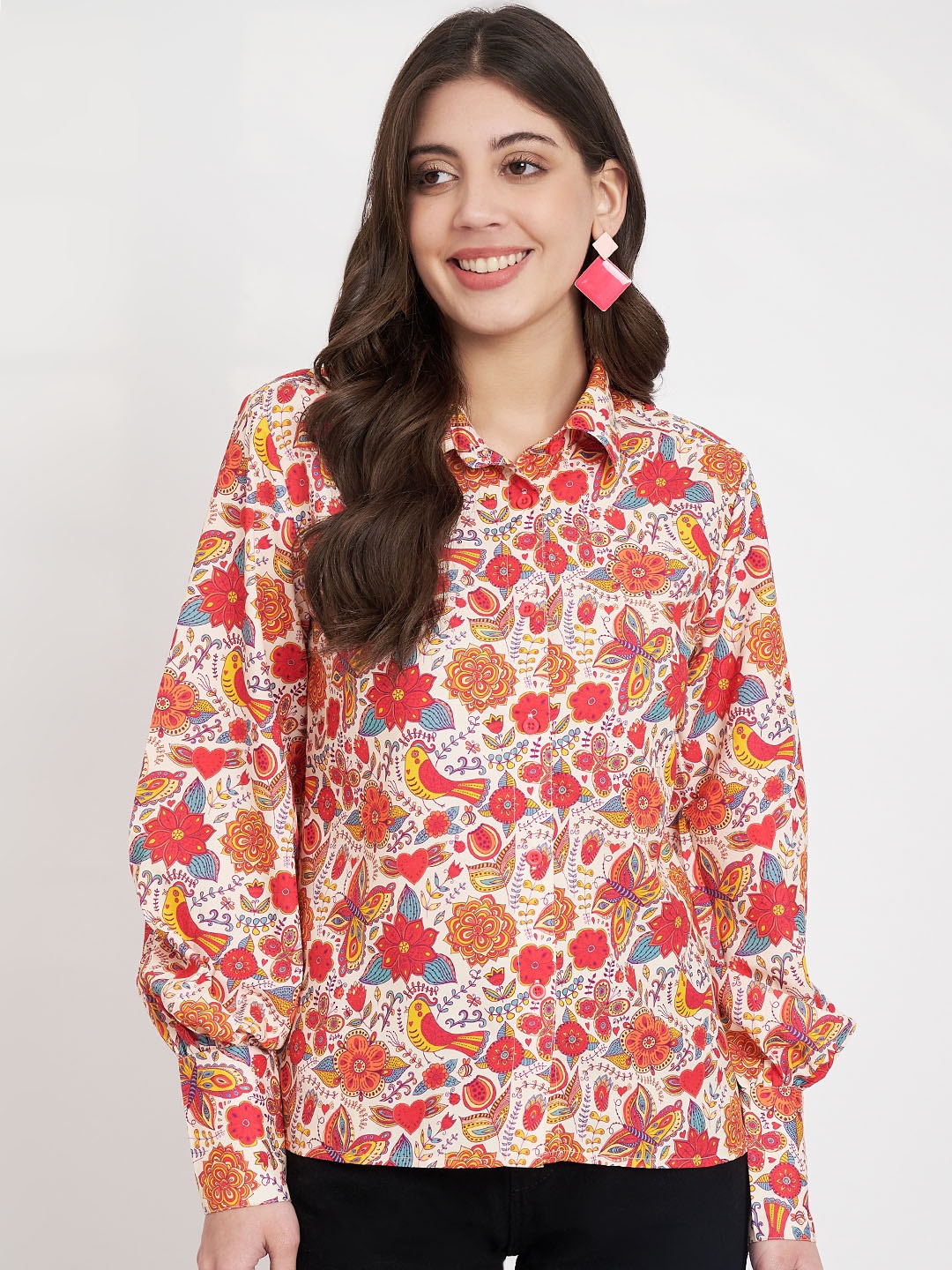 

CHARMGAL Floral Printed Casual Shirt, Cream