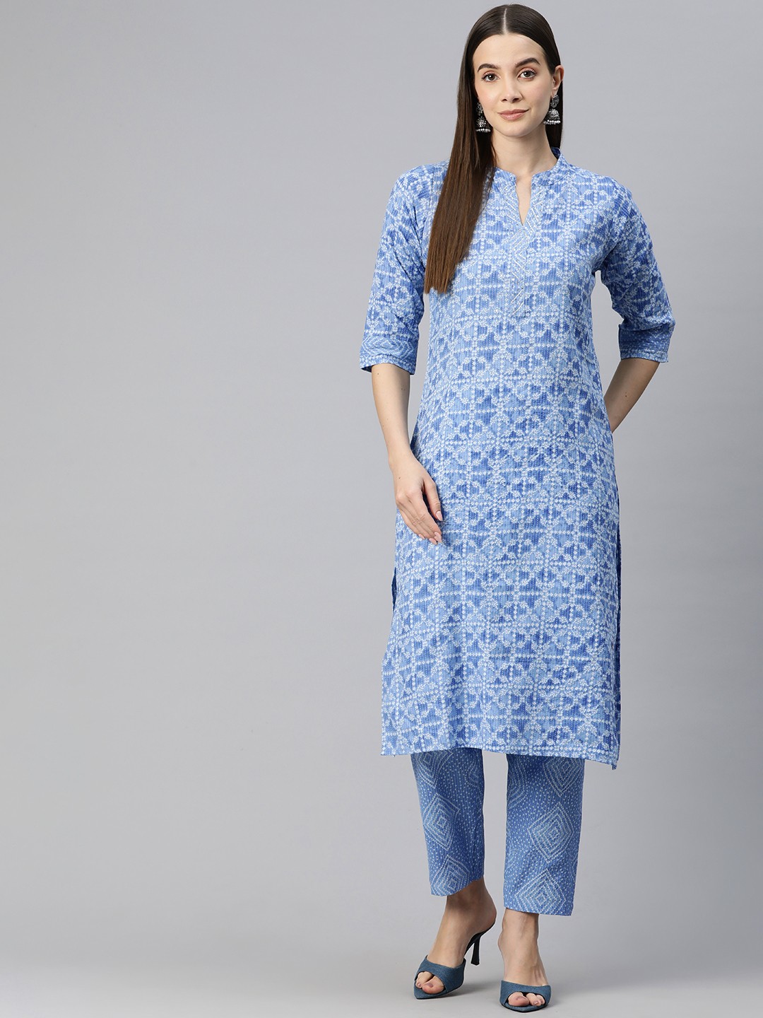 

Readiprint Women Printed Regular Kantha Work Pure Cotton Kurta with Trousers, Blue