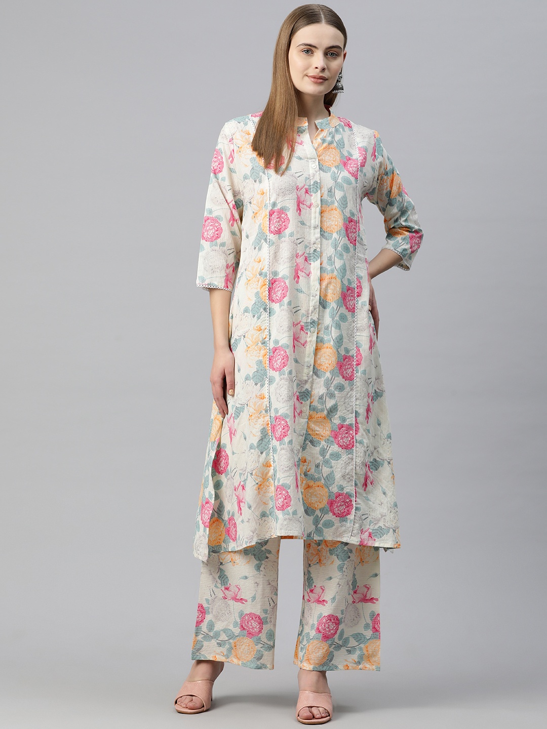 

Readiprint Women Floral Printed Regular Pure Cotton Kurta with Palazzos, Off white