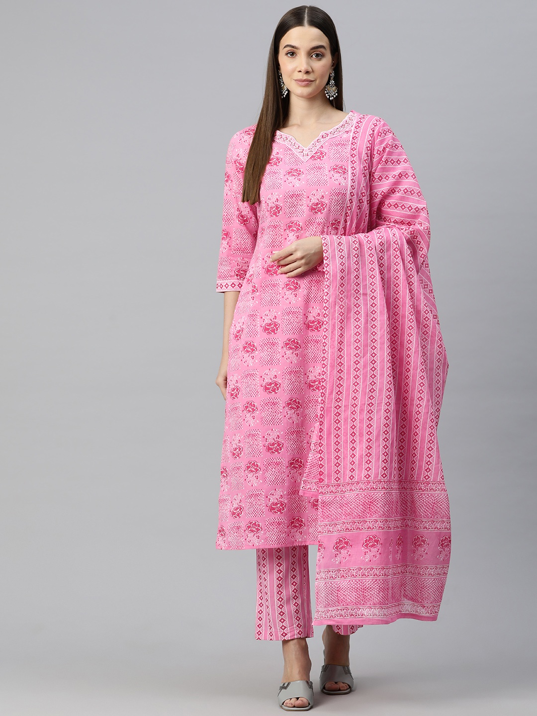 

Readiprint Women Floral Printed Regular Sequinned Pure Cotton Kurta with Palazzos & With Dupatta, Pink