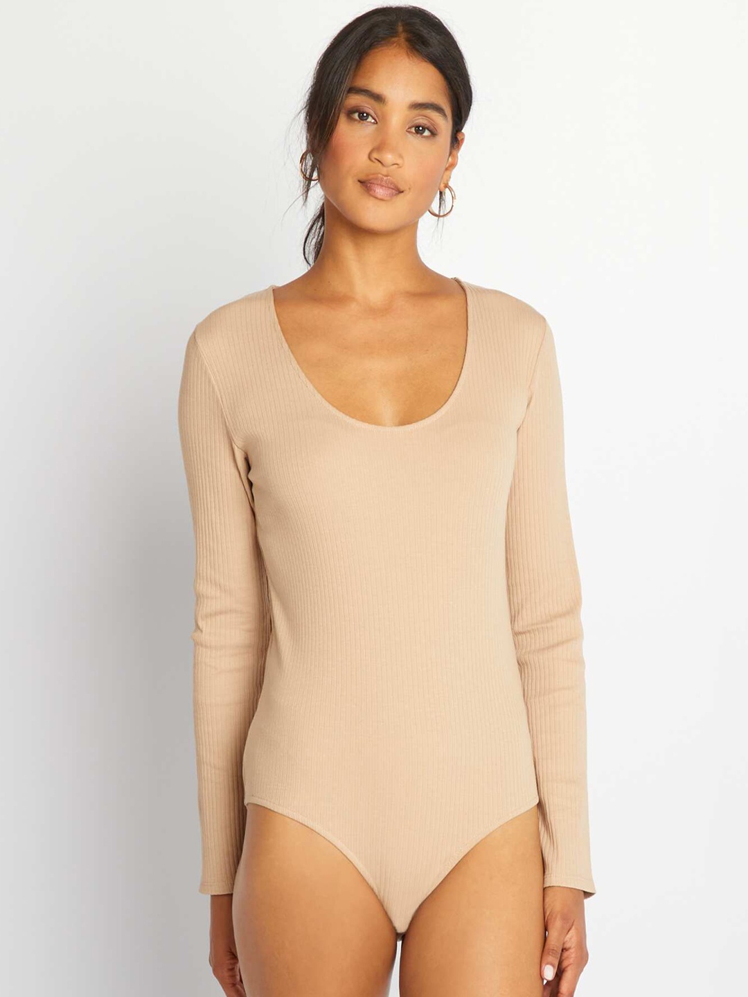 

KIABI Ribbed Scoop Neck Long-Sleeved Bodysuit, Beige