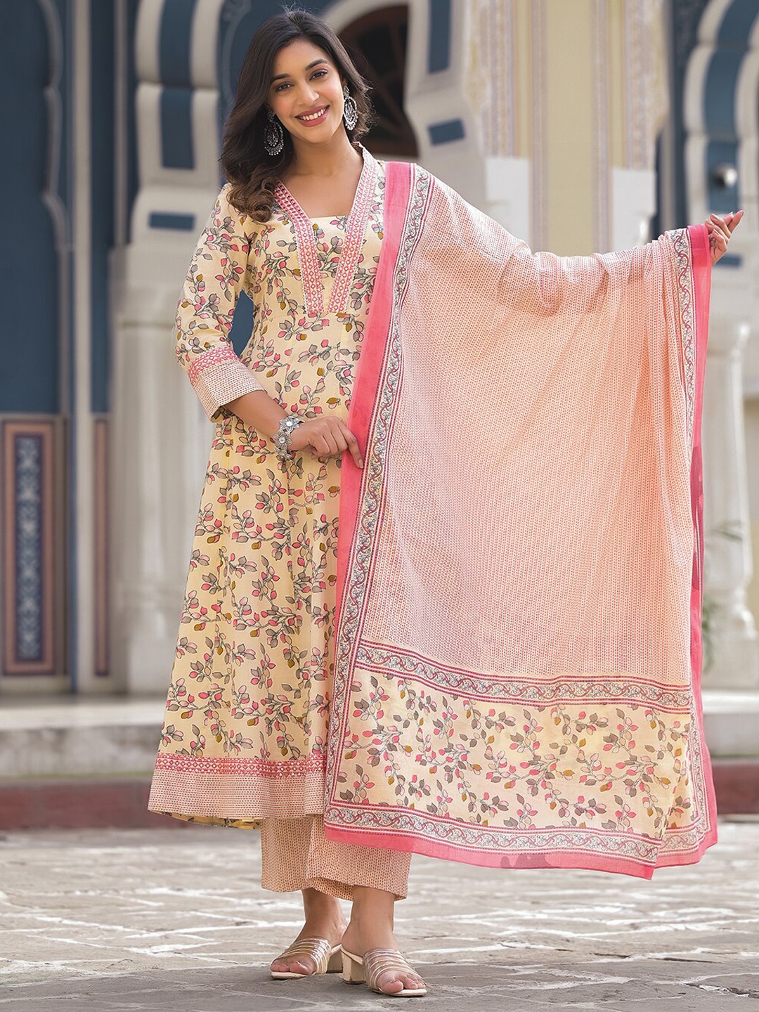 

Varanga Floral Printed Pure Cotton Empire Anarkali Kurta With Trouser & Dupatta, Beige