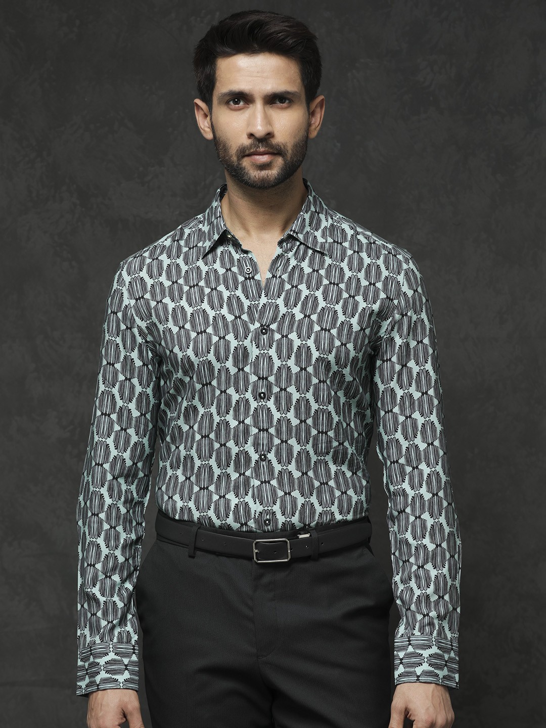 

RARE RABBIT Men Tulls Slim Fit Printed Formal Shirt, Turquoise blue