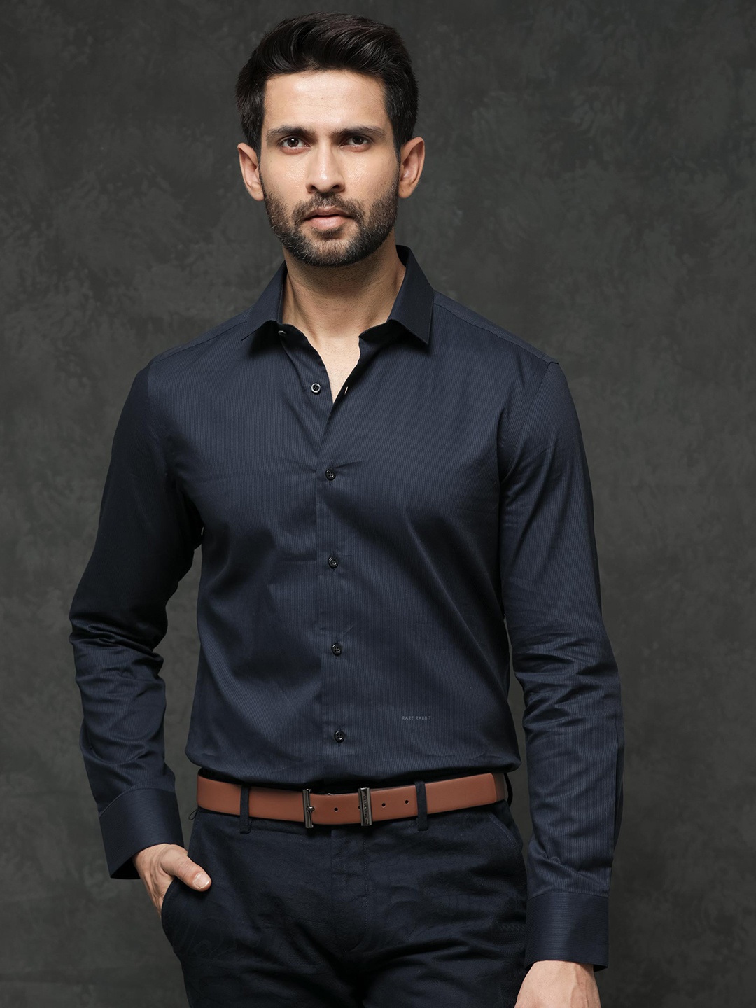 

RARE RABBIT Men Bovec Slim Fit Cotton Formal Shirt, Navy blue