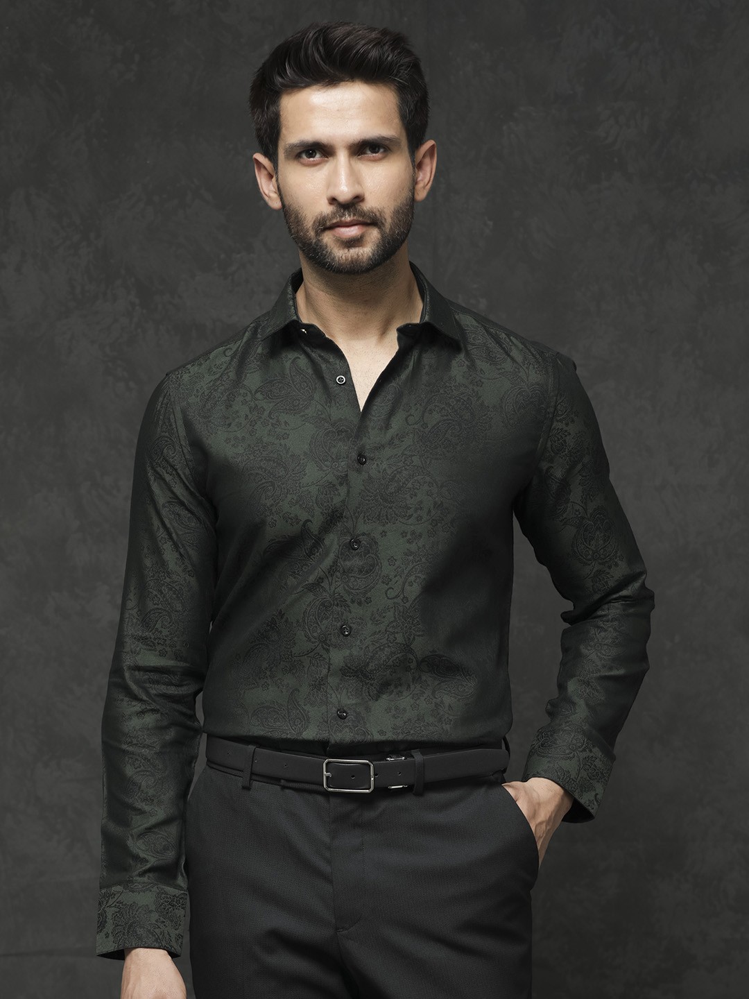 

RARE RABBIT Men Poe Slim Fit Ethnic Motifs Cotton Shirt, Green