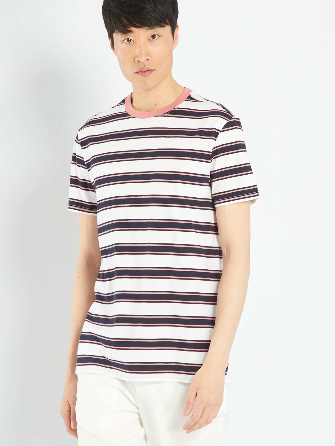 KIABI Striped Round Neck Cotton T-shirt, Blue