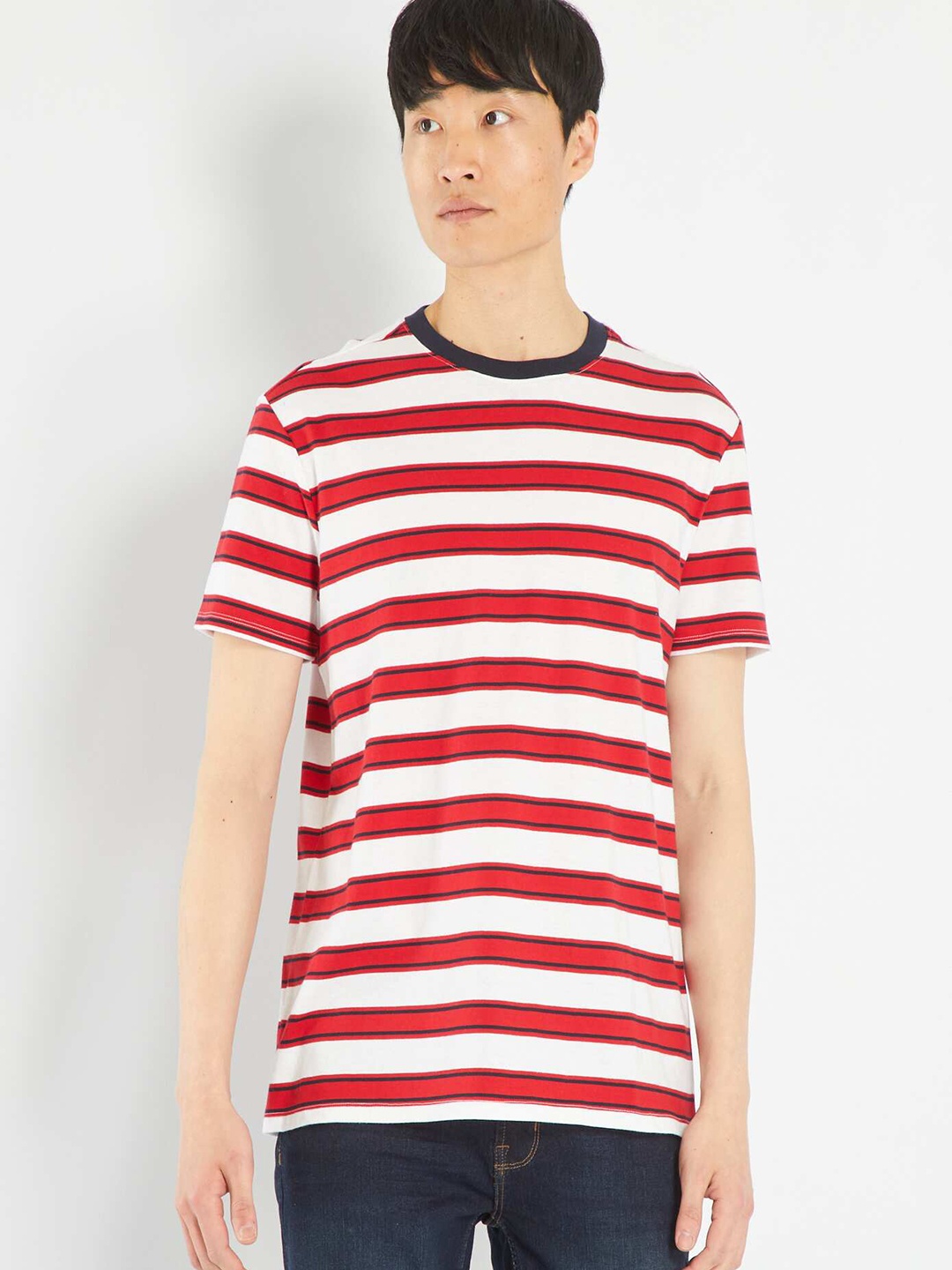 KIABI Striped Round Neck Short Sleeves Cotton T-shirt, Red