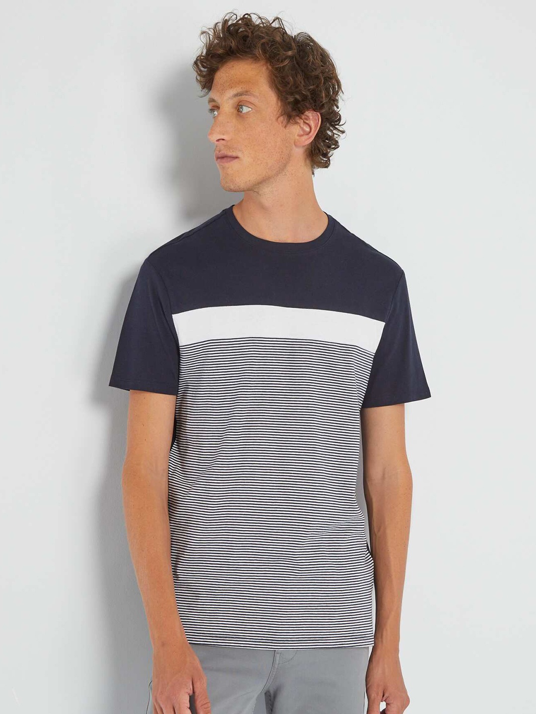 

KIABI Striped Round Neck Pure Cotton T-shirt, Navy blue