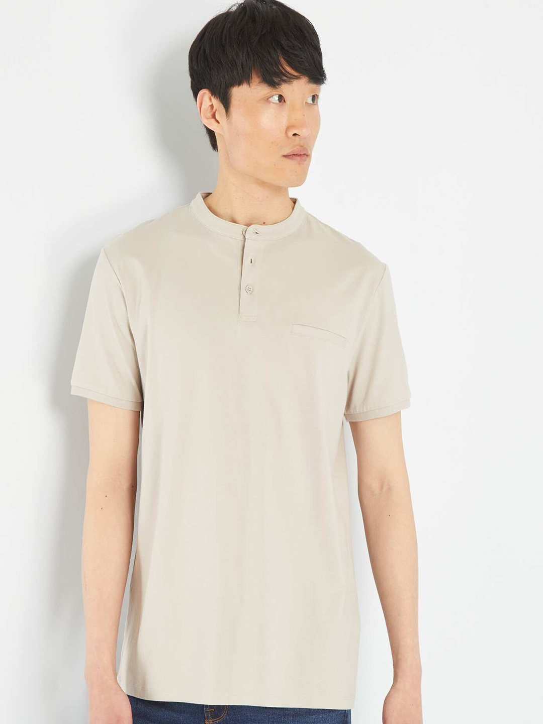 

KIABI Henley Neck Cotton T-shirt, Beige