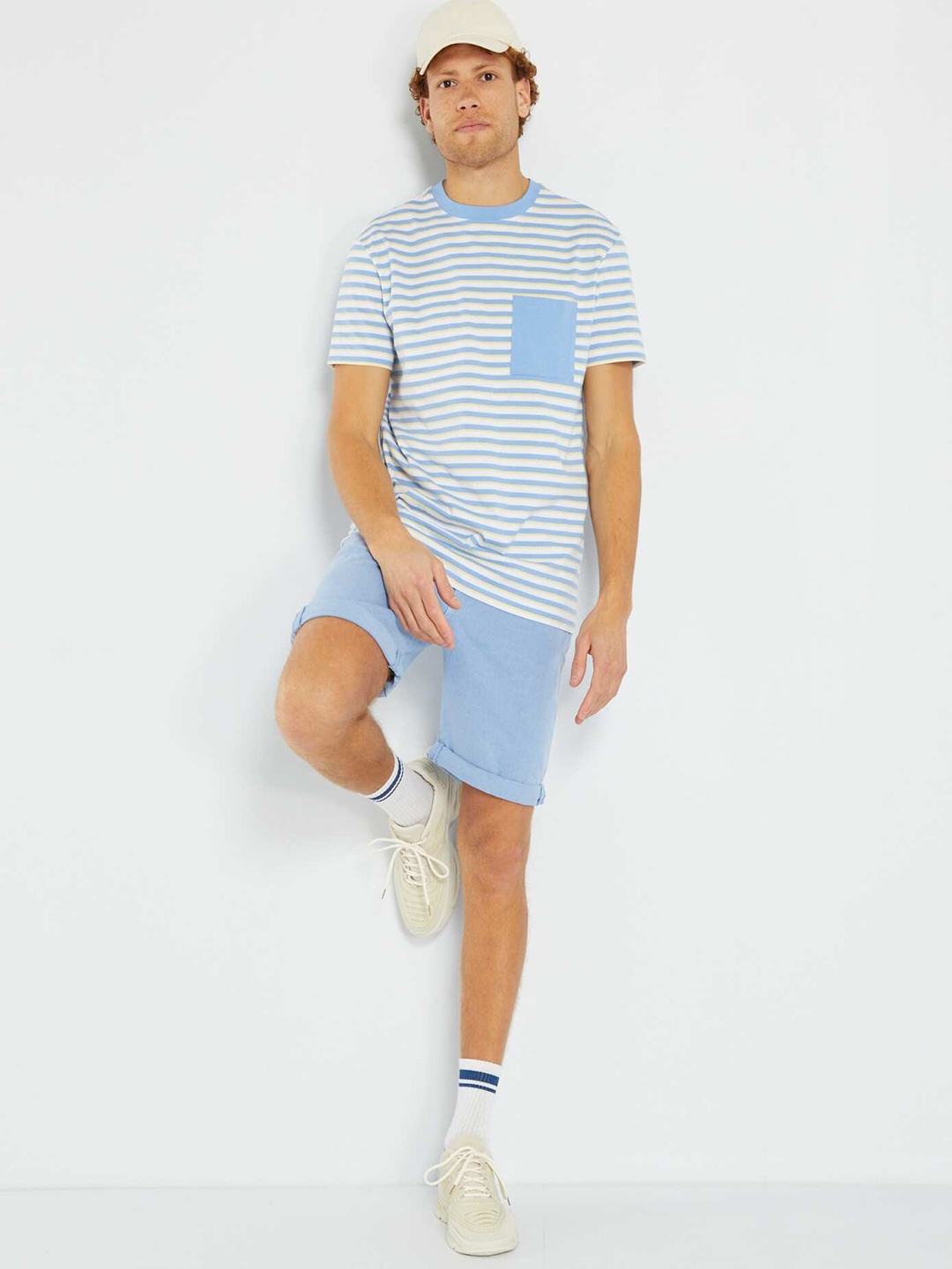 

KIABI Striped Round Neck Short Sleeves Pockets Cotton Regular T-shirt, Blue