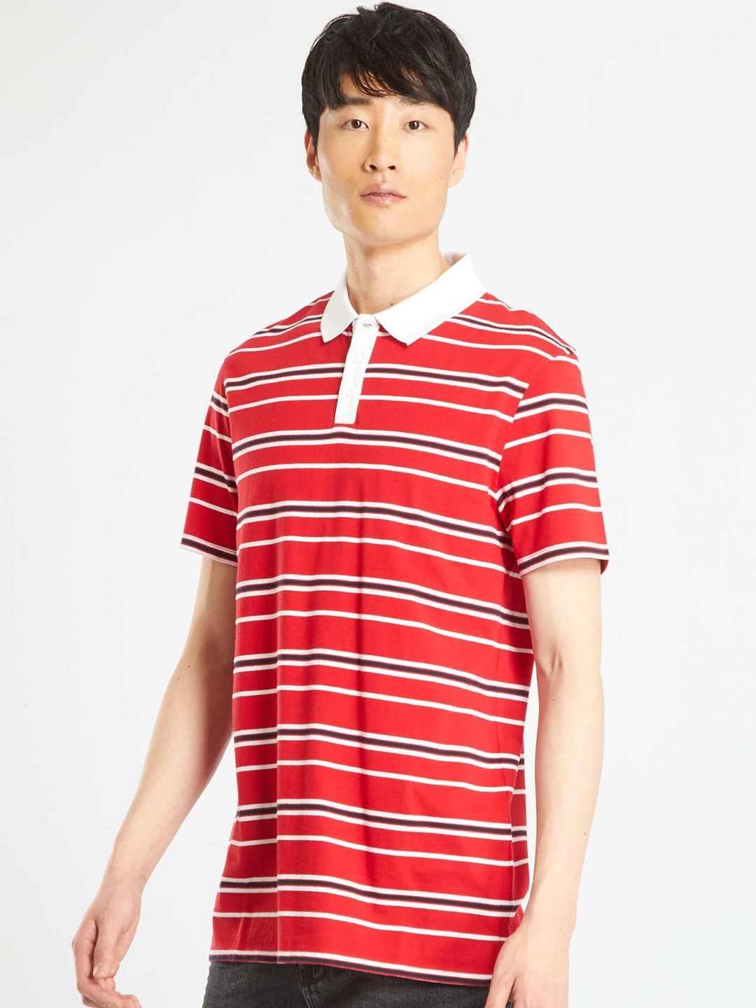 

KIABI Striped Polo Collar Pure Cotton T-shirt, Red