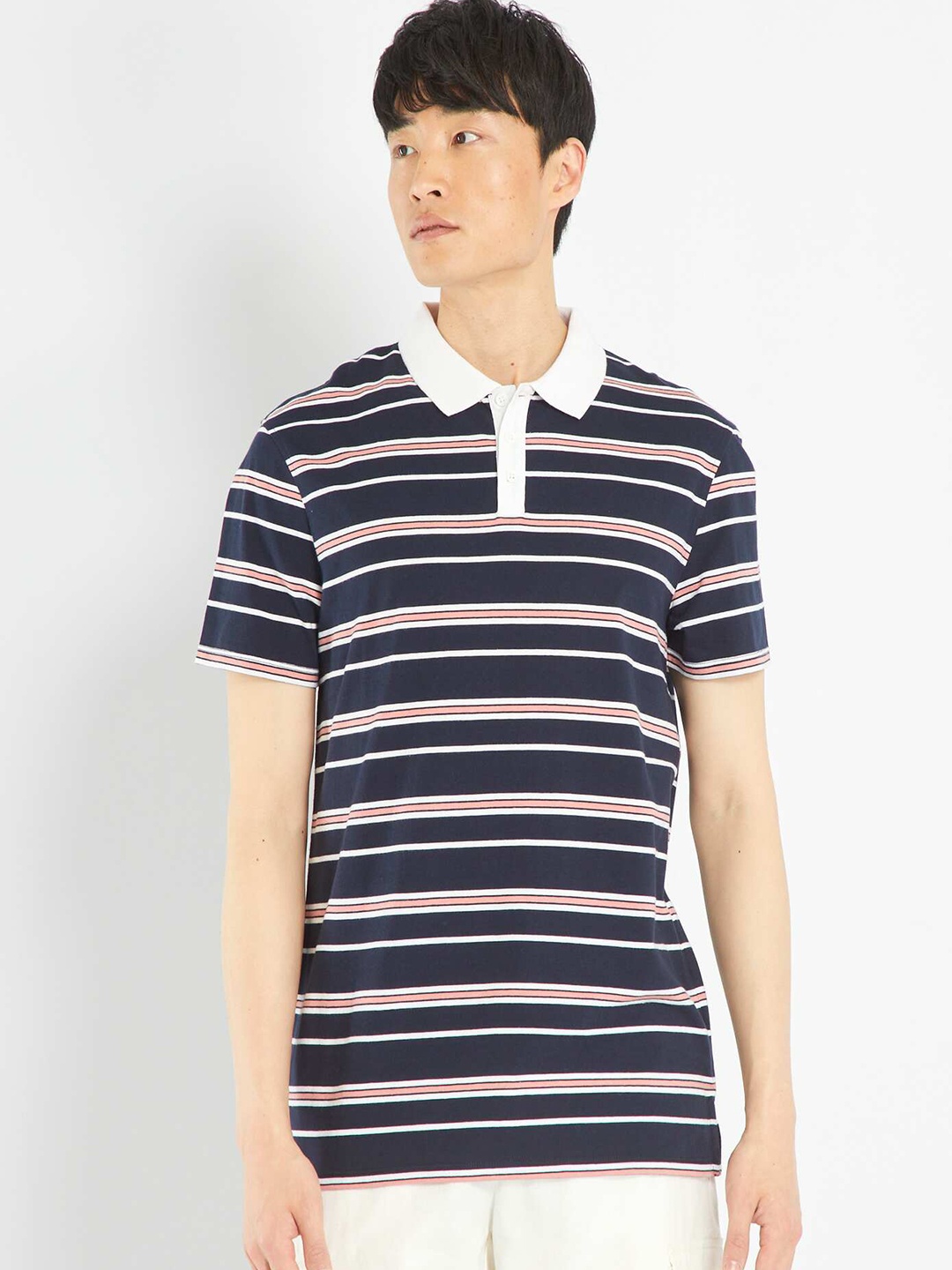 

KIABI Striped Polo Collar Short Sleeves Cotton T-shirt, Navy blue