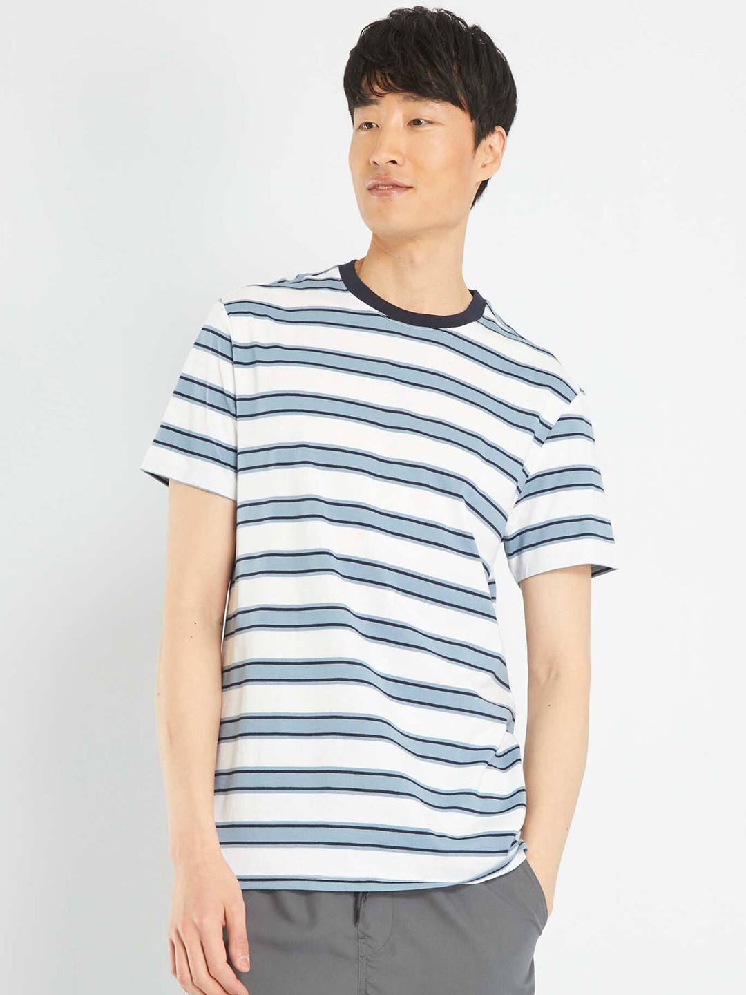 

KIABI Striped Round Neck Pure Cotton T-shirt, White