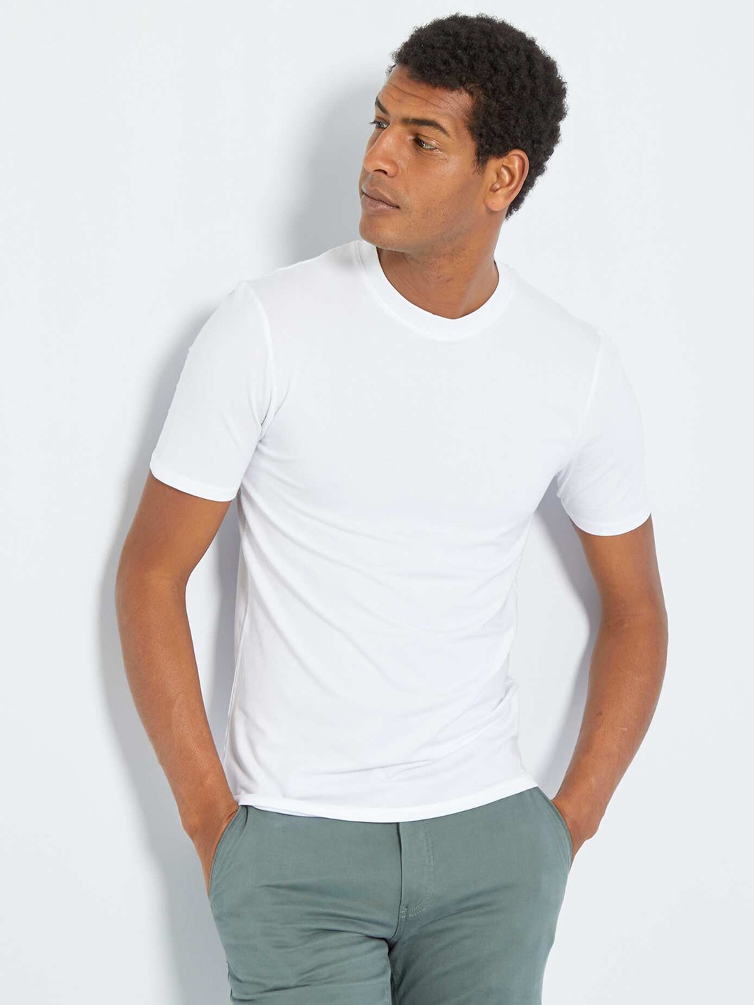 KIABI Round Neck Short Sleeves Cotton Regular T-shirt, White