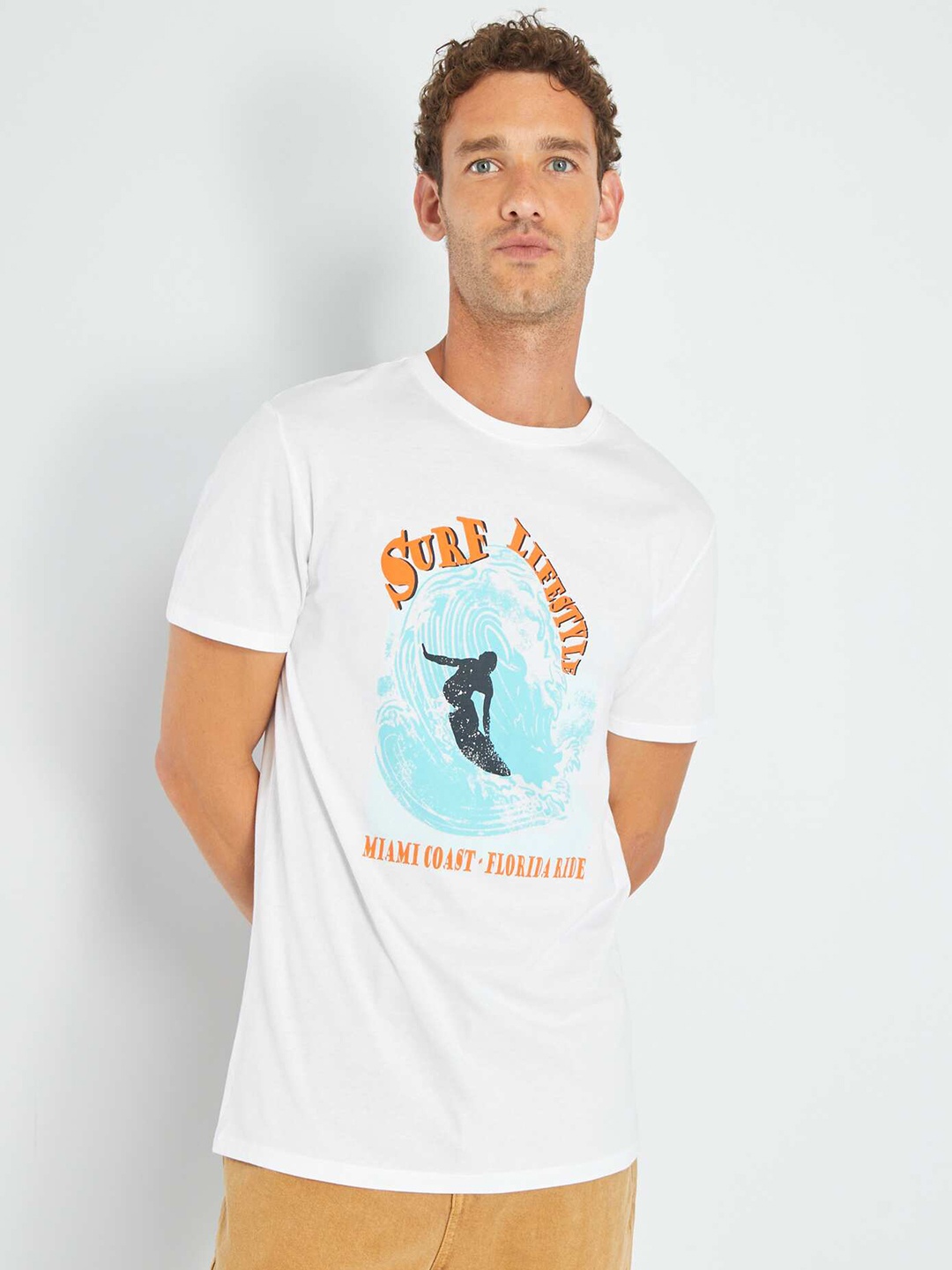 

KIABI Graphic Printed Round Neck Short Sleeves Cotton T-shirt, White