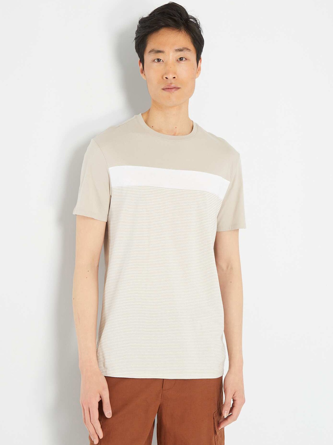 

KIABI Striped Pure Cotton T-shirt, Beige