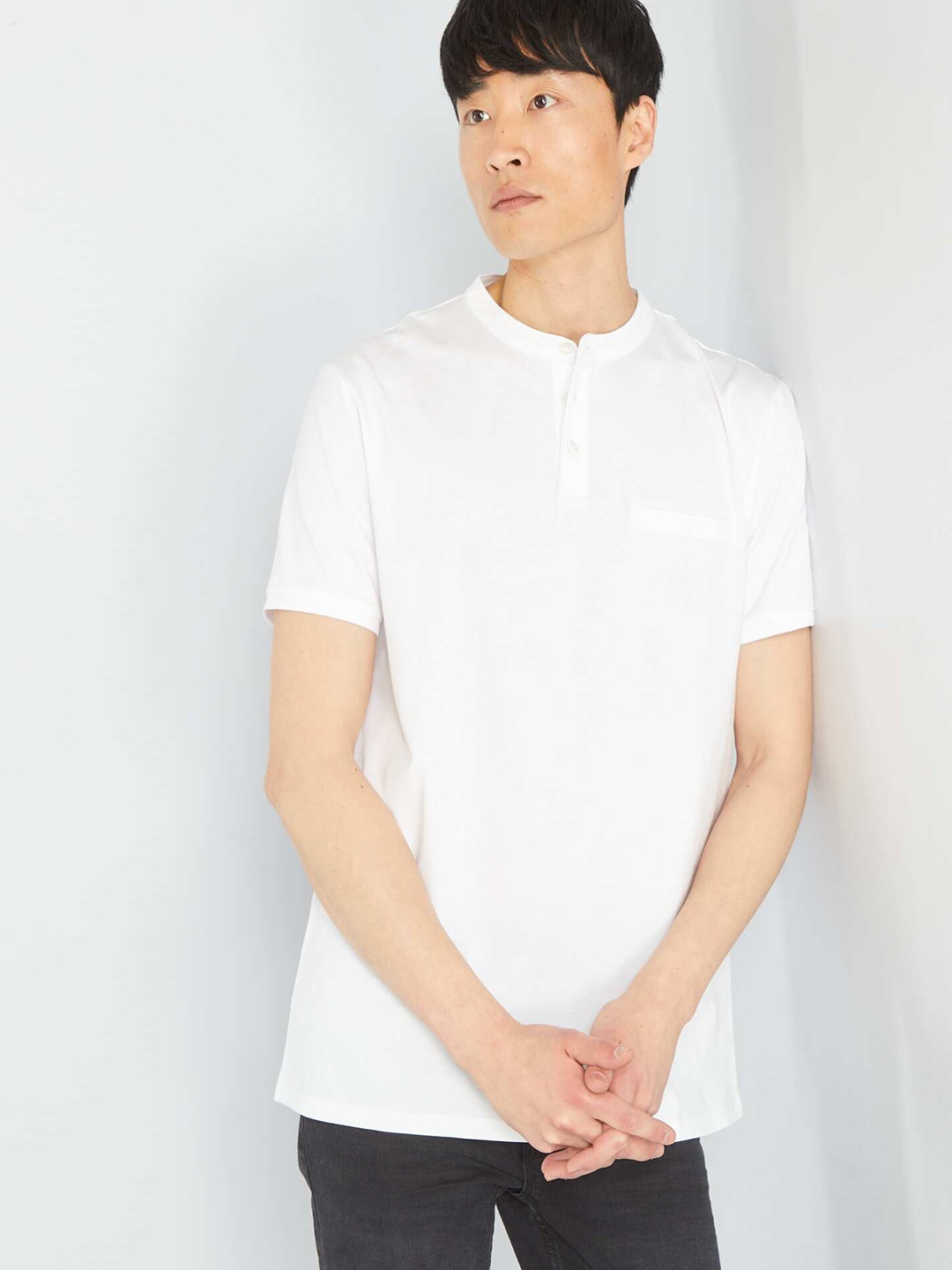 

KIABI Mandarin Collar Cotton T-shirt, White