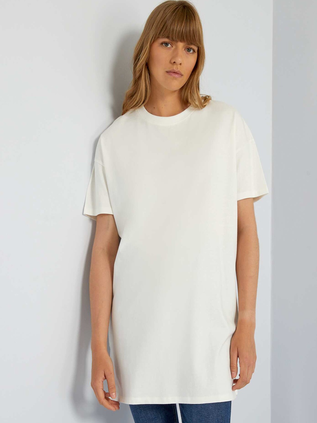 KIABI Round Neck Drop-Shoulder Sleeves Longline Cotton T-shirt, White