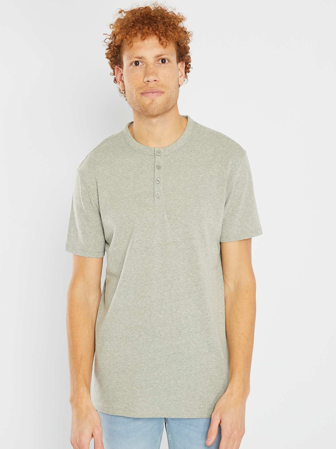 KIABI Henley Neck Cotton T-shirt, Grey