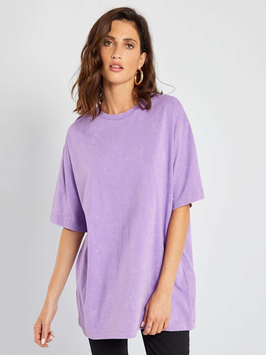 

KIABI Round Neck Drop-Shoulder Sleeves Longline Cotton T-shirt, Lavender