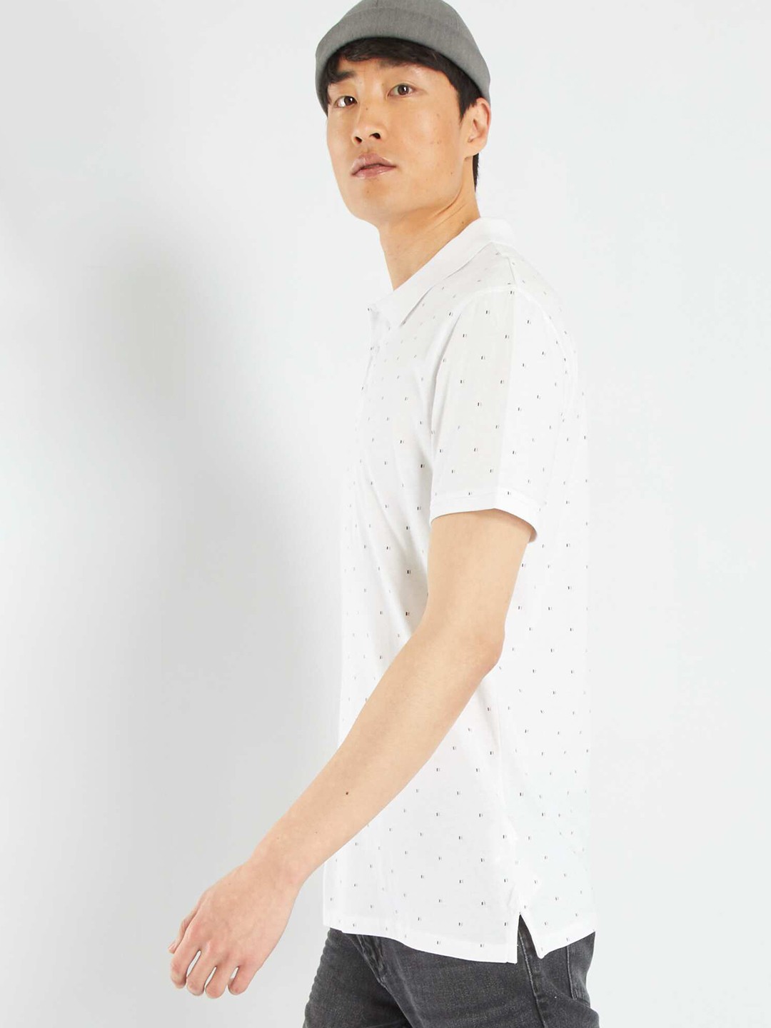 

KIABI Micro or Ditsy Printed Polo Collar Pure Cotton T-shirt, White