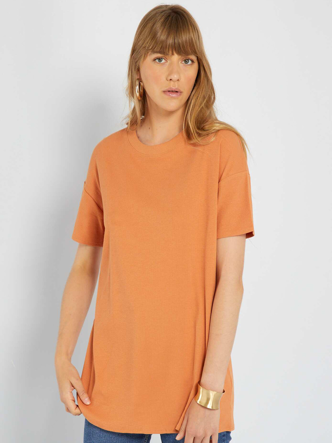 

KIABI Round Neck Drop-Shoulder Sleeves Cotton Longline T-shirt, Orange