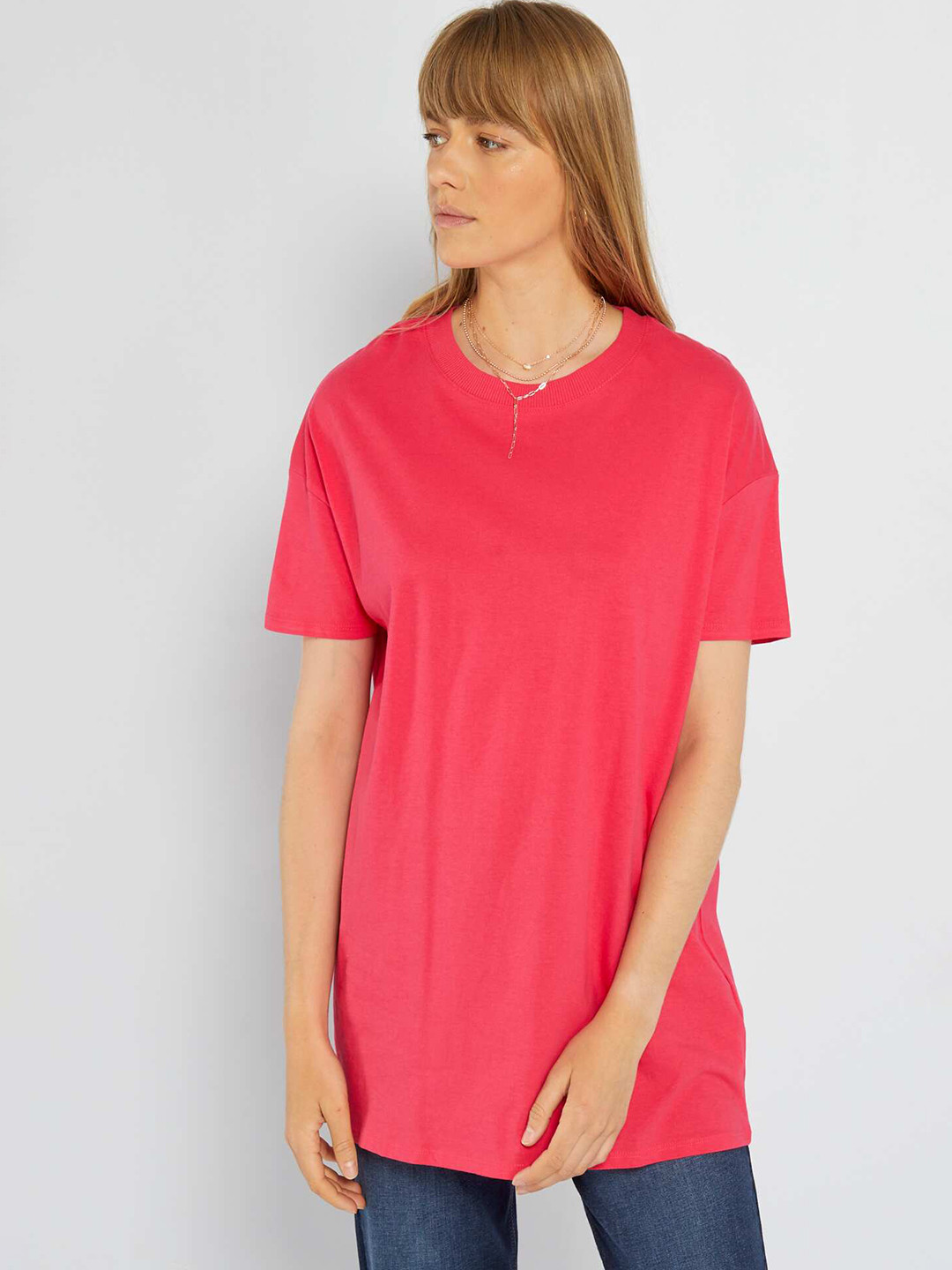 

KIABI Round Neck Drop-Shoulder Sleeves Longline Cotton T-shirt, Pink