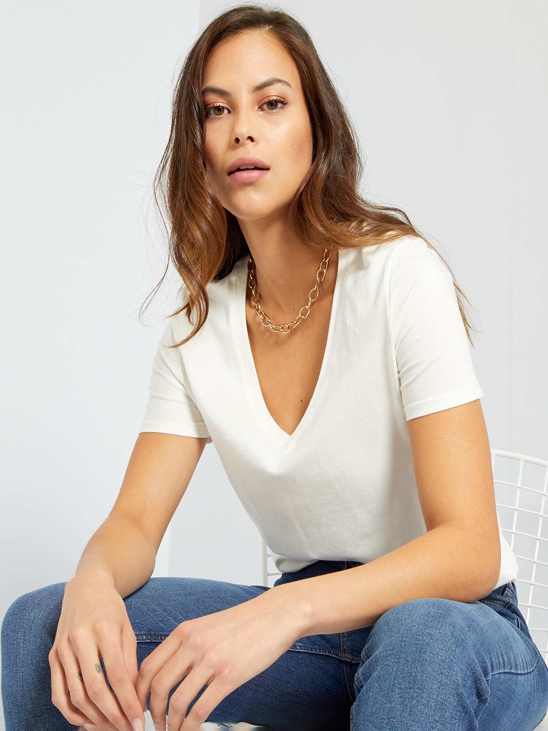 

KIABI V-Neck Short Sleeves Cotton Regular T-shirt, White