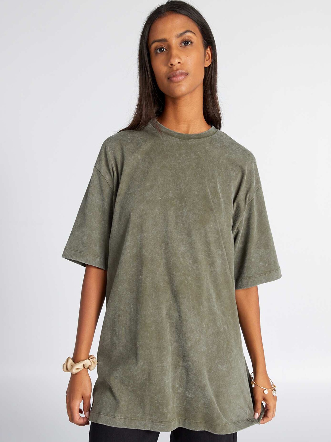 

KIABI Round Neck Short Sleeves Cotton Oversized T-shirt, Olive