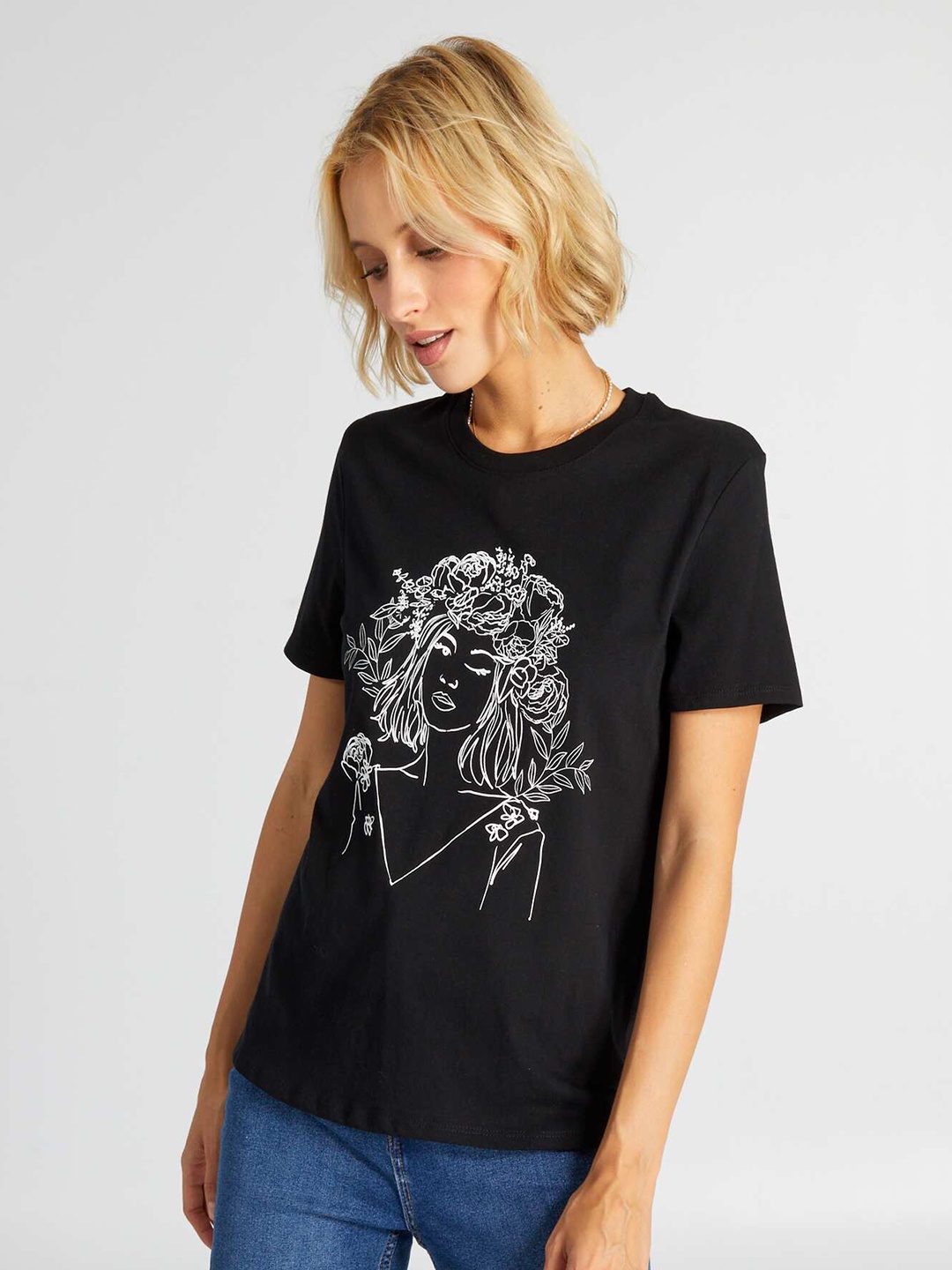

KIABI Printed Cotton T-shirt, Black