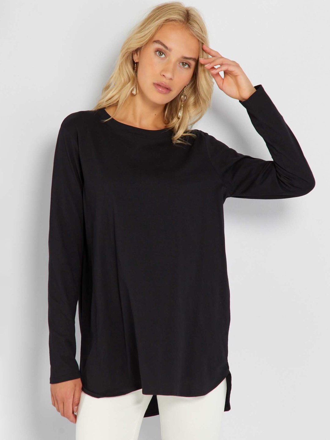KIABI Pure Cotton Longline T-shirt, Black