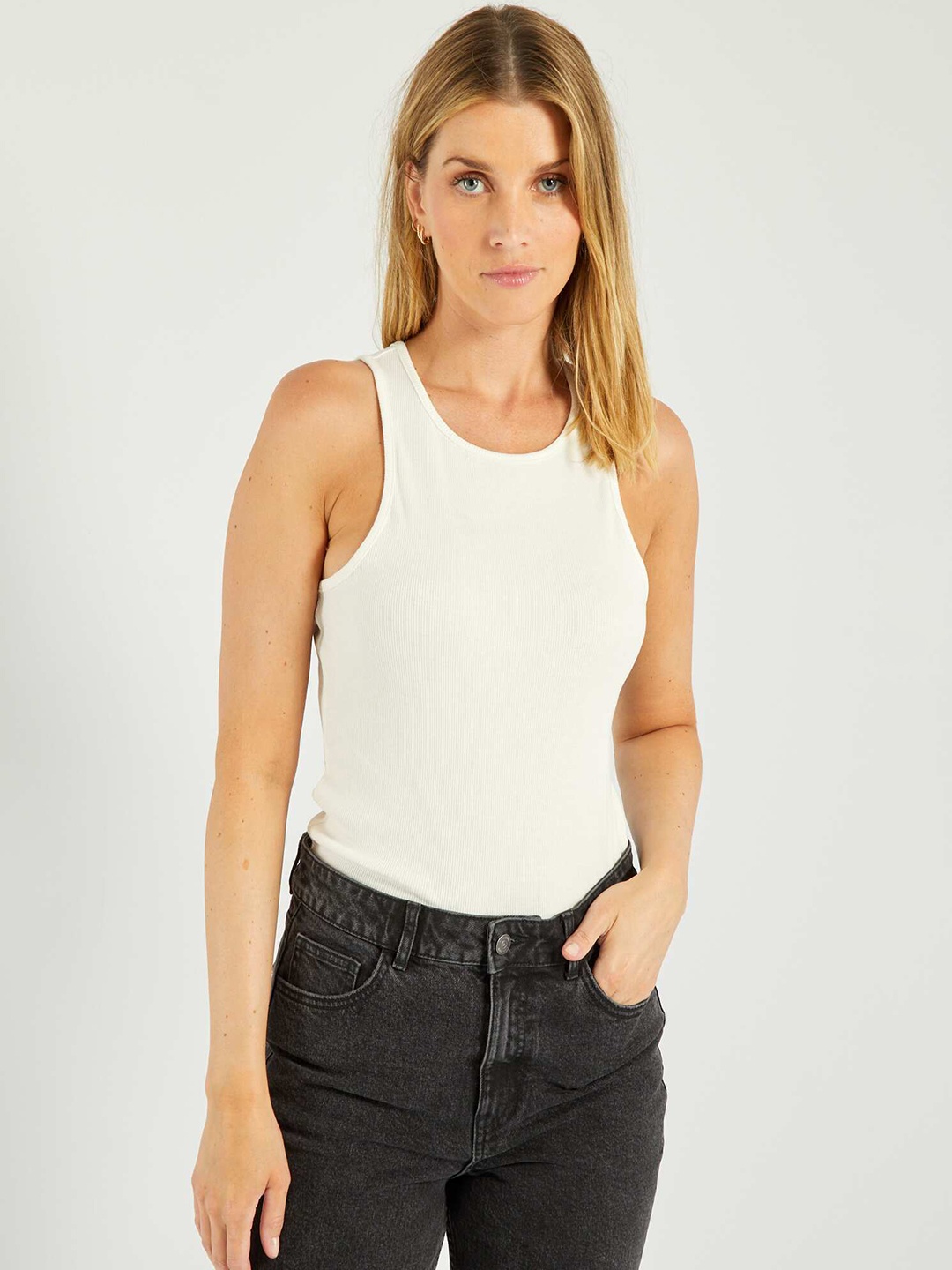 

KIABI Self Design Cotton Round Neck Cut Outs T-shirt, White