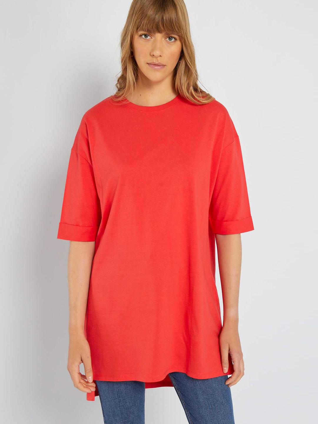 KIABI Round Neck Short Sleeves Cotton Longline T-shirt, Red