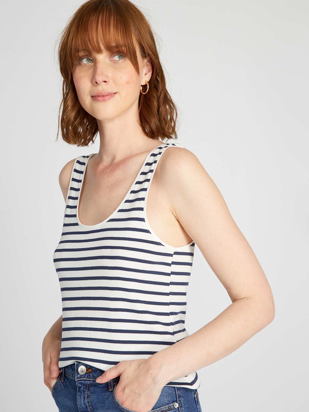 

KIABI Striped Cotton Scoop Neck Raw Edge T-shirt, White