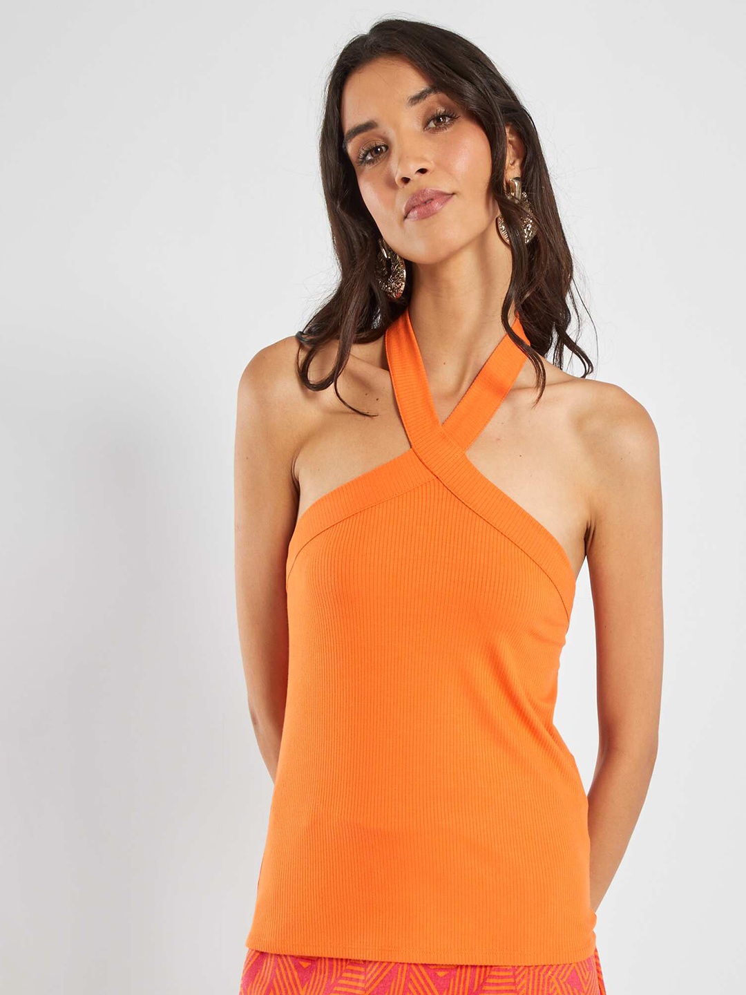 

KIABI Ribbed Halter Neck Sleeveless Cotton Regular Top, Orange