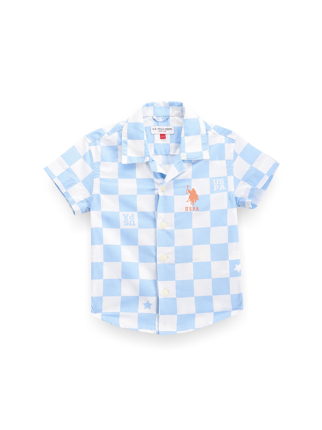 

U.S. Polo Assn. Kids Boys Classic Checked Cuban Collar Short Sleeves Cotton Casual Shirt, Blue