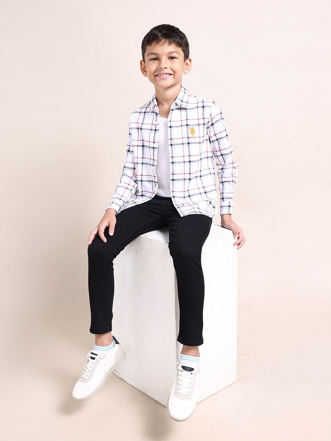 

U.S. Polo Assn. Kids Boys Classic Checked Pure Cotton Casual Shirt, White