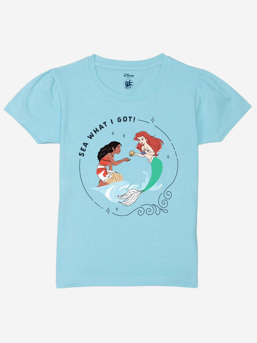 YK Disney Girls Disney Princess Printed Pure Cotton T-shirt, Blue