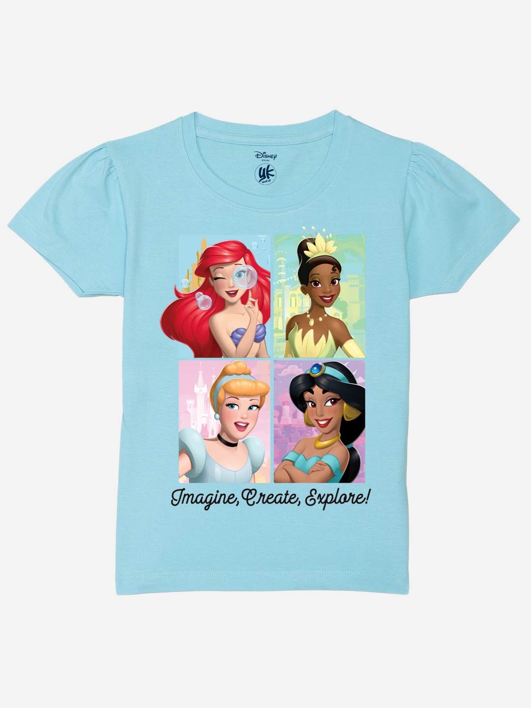 

YK Disney Girls Disney Princess Printed Pure Cotton T-shirt, Blue