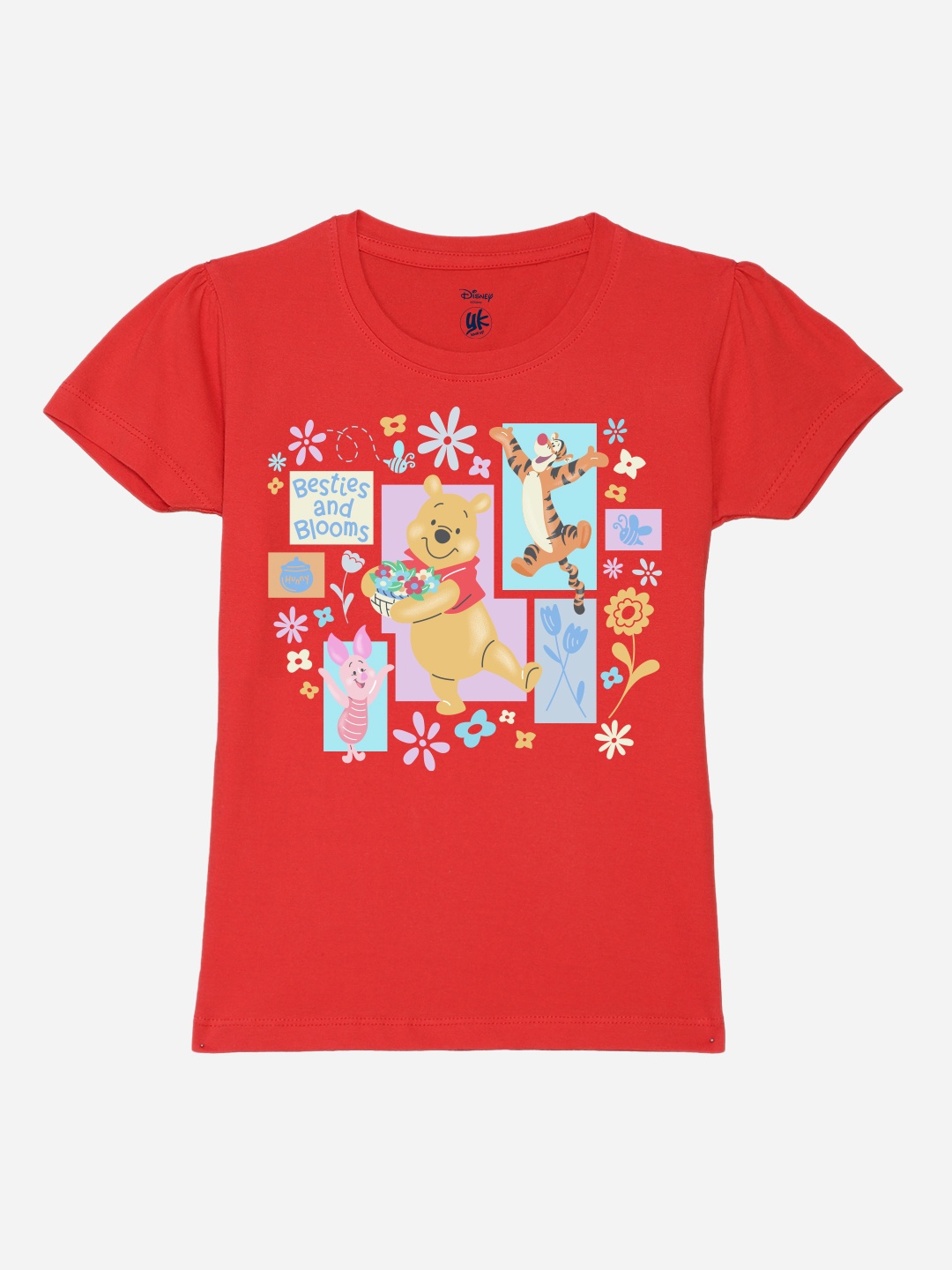 

YK Disney Girls Winnie The Pooh Printed Round Neck Pure Cotton T-shirt, Red
