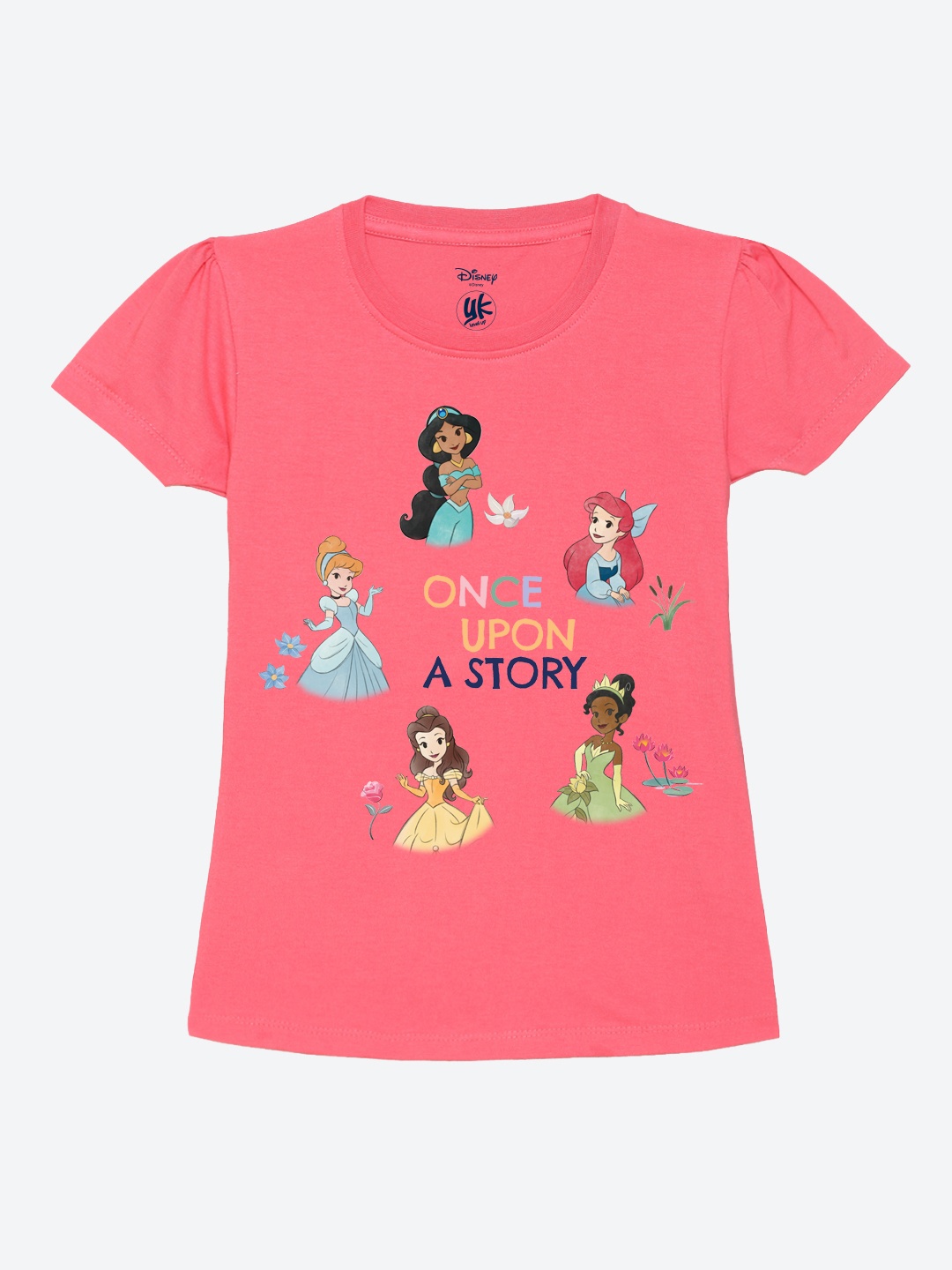 

YK Disney Girls Disney Princess Printed Pure Cotton T-shirt, Pink