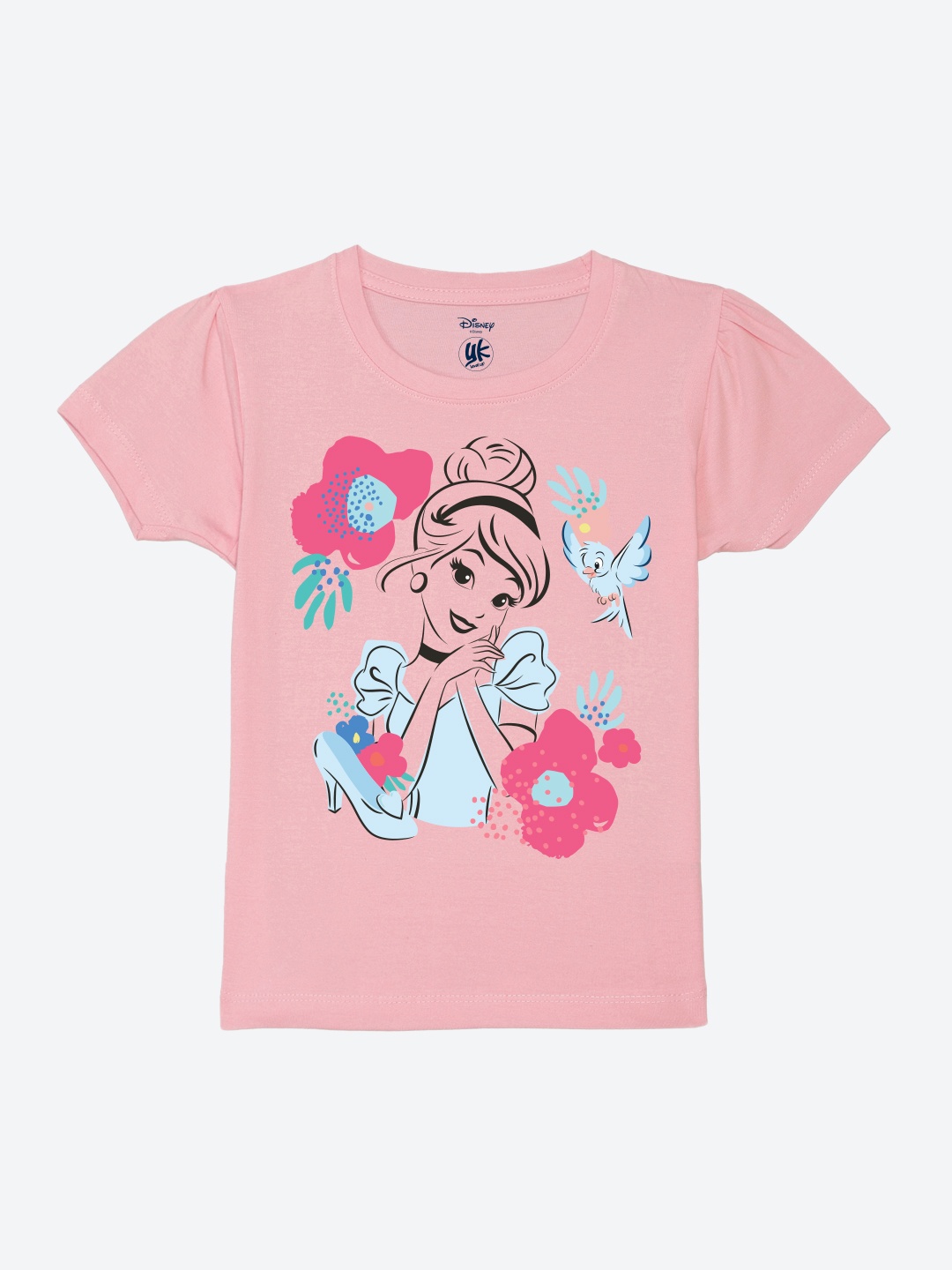 

YK Disney Girls Cinderella Printed Round Neck Pure Cotton T-shirt, Pink