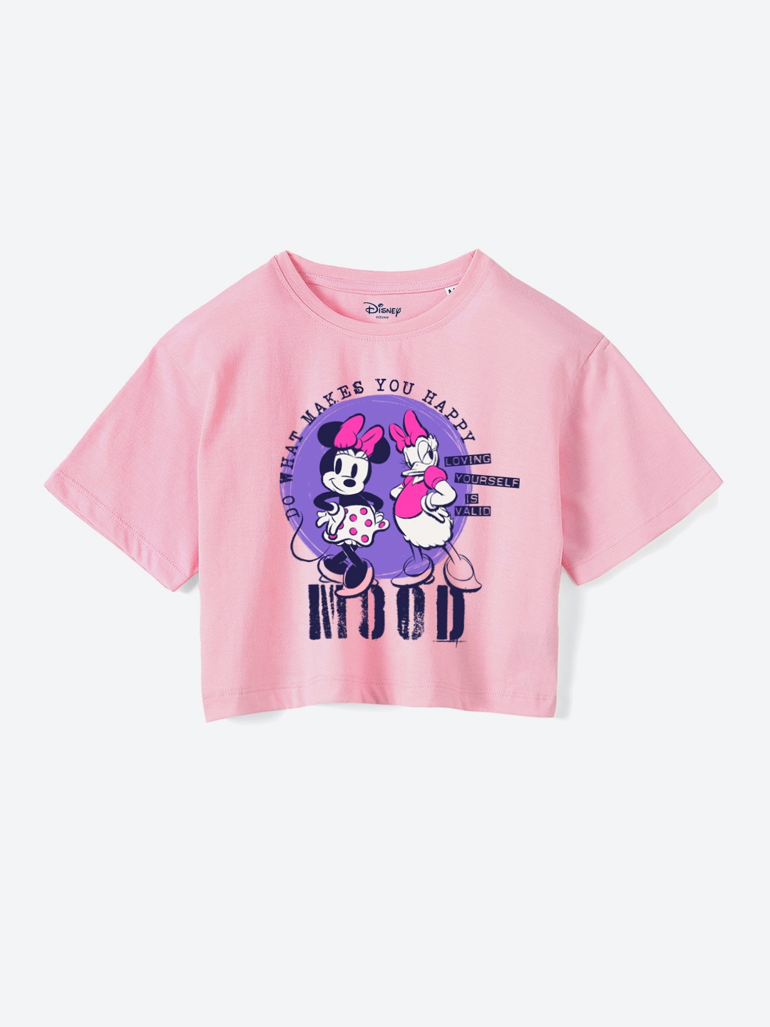 

YK Disney Girls Minnie Mouse Graphic Printed Pure Cotton Boxy T-shirt, Pink