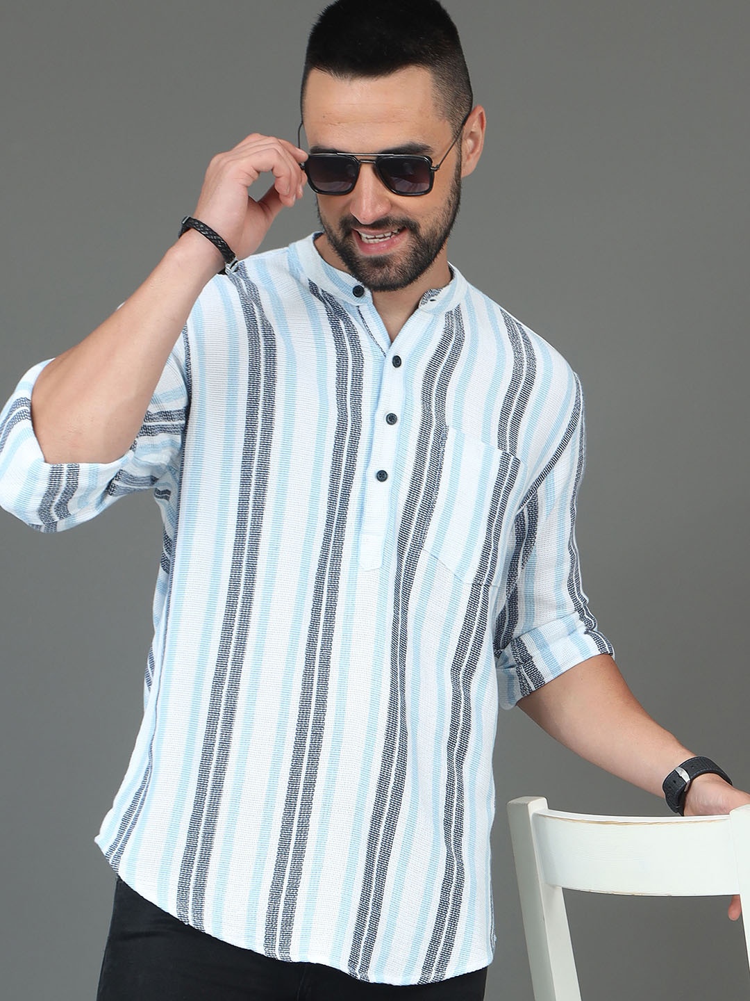 

HERE&NOW Striped Mandarin Collar Cotton Kurta, White
