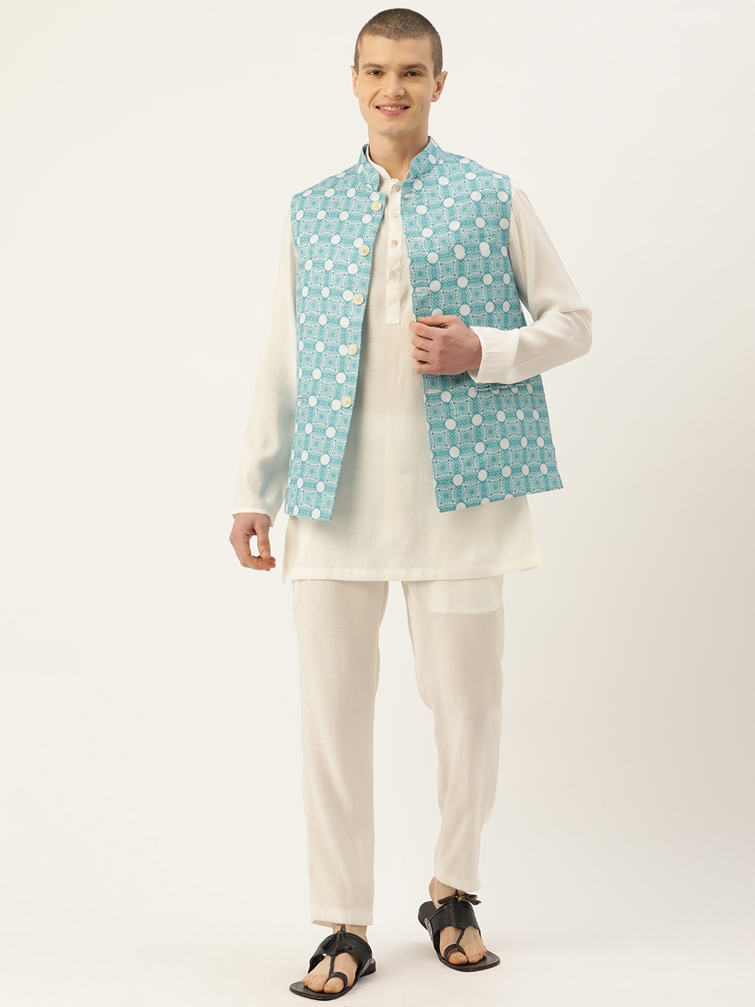 

Simaaya Men Pure Cotton Kurta with Trousers & Nehru Jacket, White