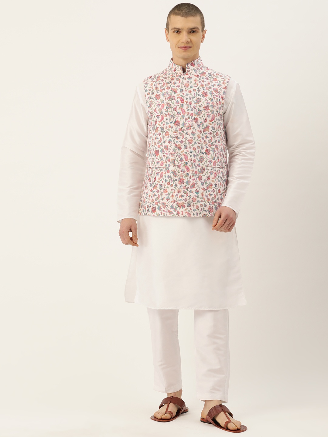 

Simaaya Men Pure Cotton Kurta with Trousers & Nehru Jacket, White