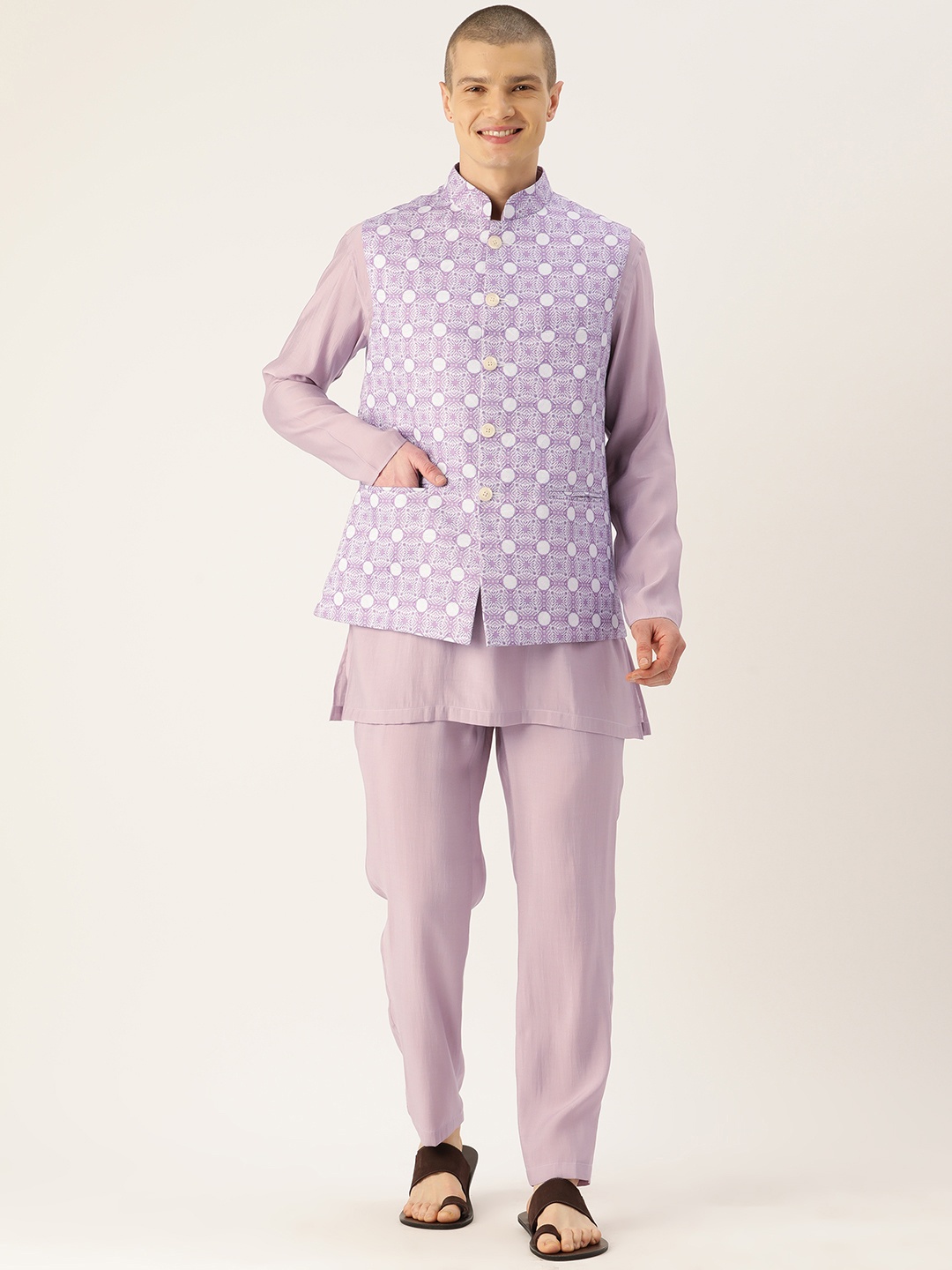 

Simaaya Men Pure Cotton Kurta with Trousers & Nehru Jacket, Lavender